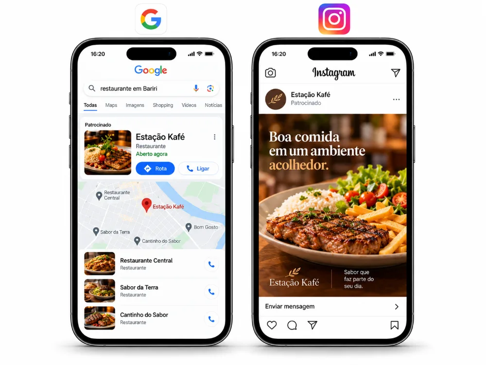 Restaurante aparecendo na pesquisa do Google e em um anúncio no Instagram