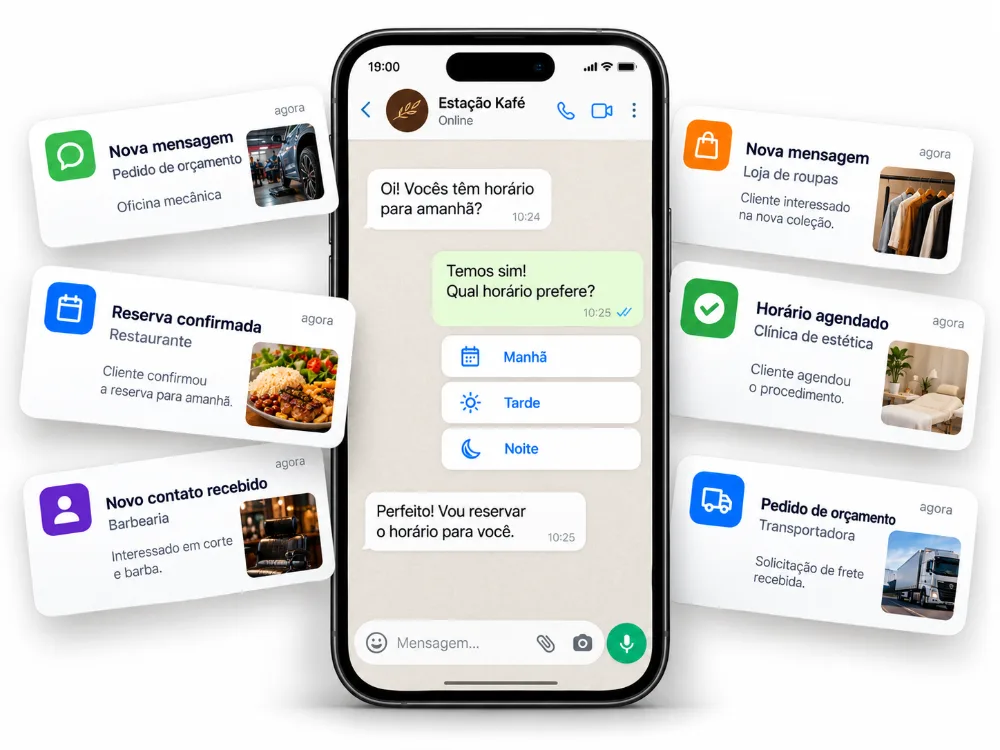 Atendimento organizado no WhatsApp com notificações de novos contatos, reservas e agendamentos