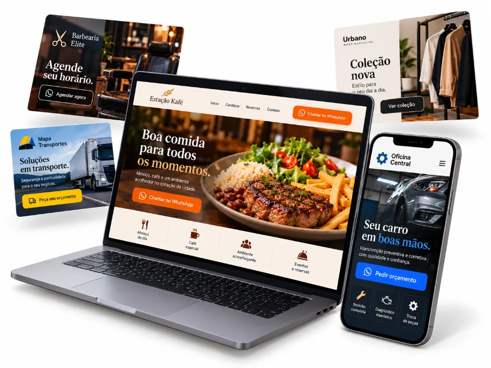 Sites profissionais de restaurante e oficina no notebook e no celular