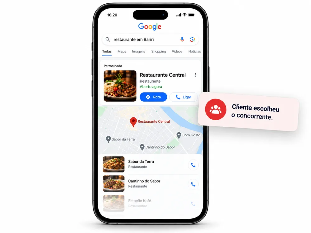 Pesquisa por restaurante no Google mostrando o concorrente em primeiro lugar e o Estação Kafé apagado embaixo