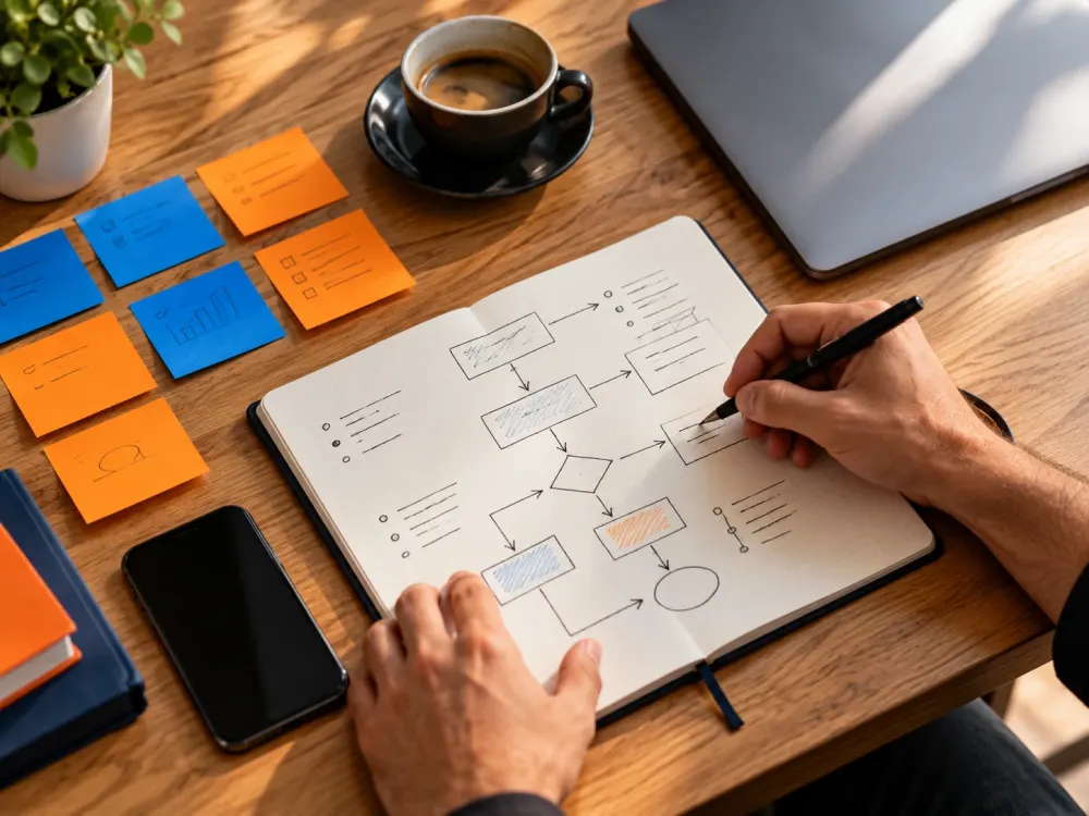 Planejamento de marketing com fluxograma e post-its